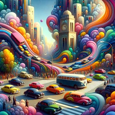 The primary subject of the image is a busy city street filled with various vehicles, including cars, buses, and trucks. The setting is a colorful, artistic cityscape with buildings and a clock tower in the background. The visual style is a combination of digital art and illustration, creating a vibrant and lively atmosphere. The colors and mood are predominantly bright and cheerful, with a sense of excitement and energy.